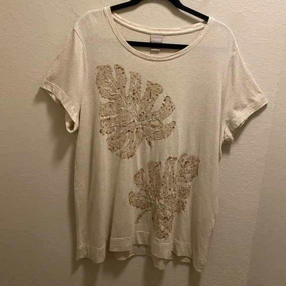 Chico's Sequin Embellished Tonal Palm Print Tee Size 3 (XL) - Picture 1 of 11
